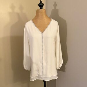 JM Collection Cream V-Neck Blouse with Silver Trim